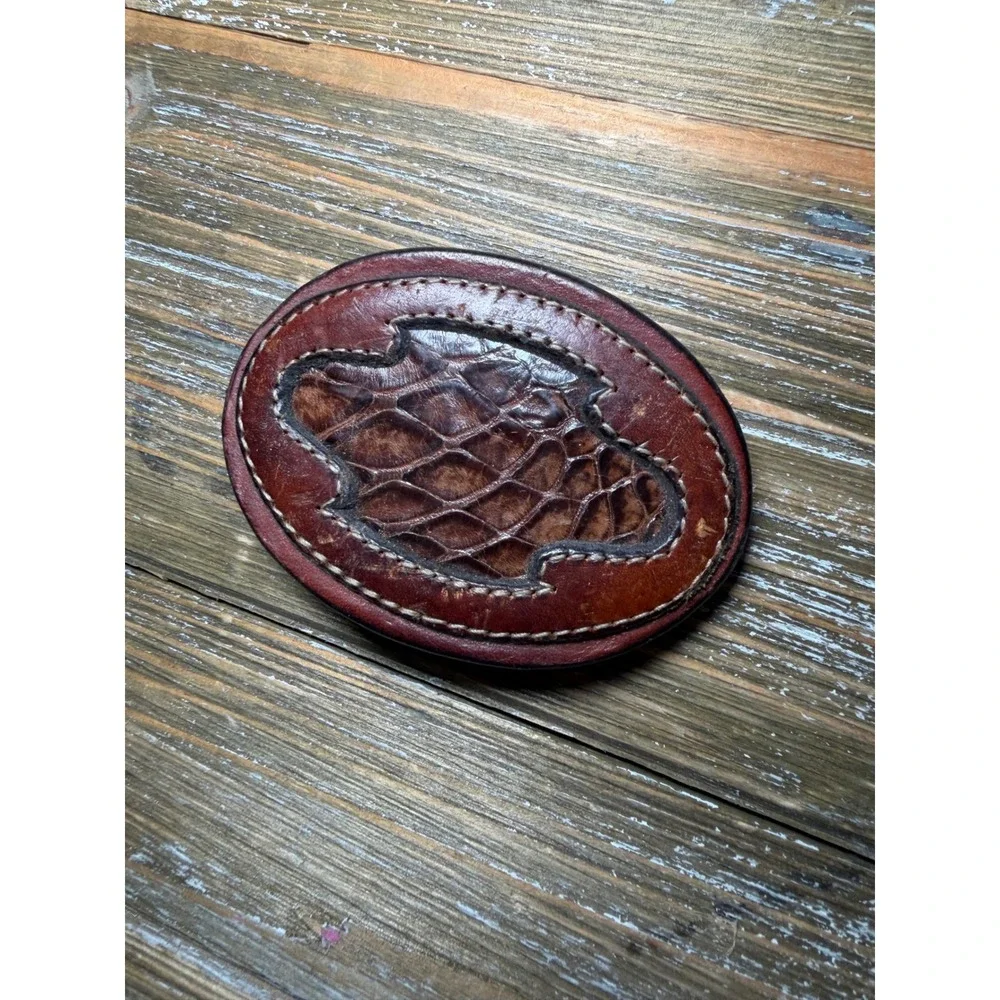 Vintage Leather Belt Buckle Tucson Arizona Western Alligator Texture Boho Brown